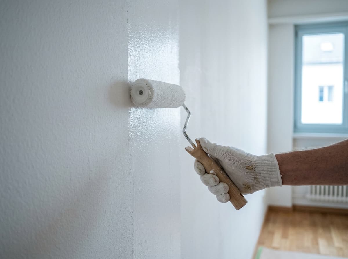 Maler streicht eine Innenwand mit der Rolle frisch weiss — Innenanstrich in einer Basler Wohnung
